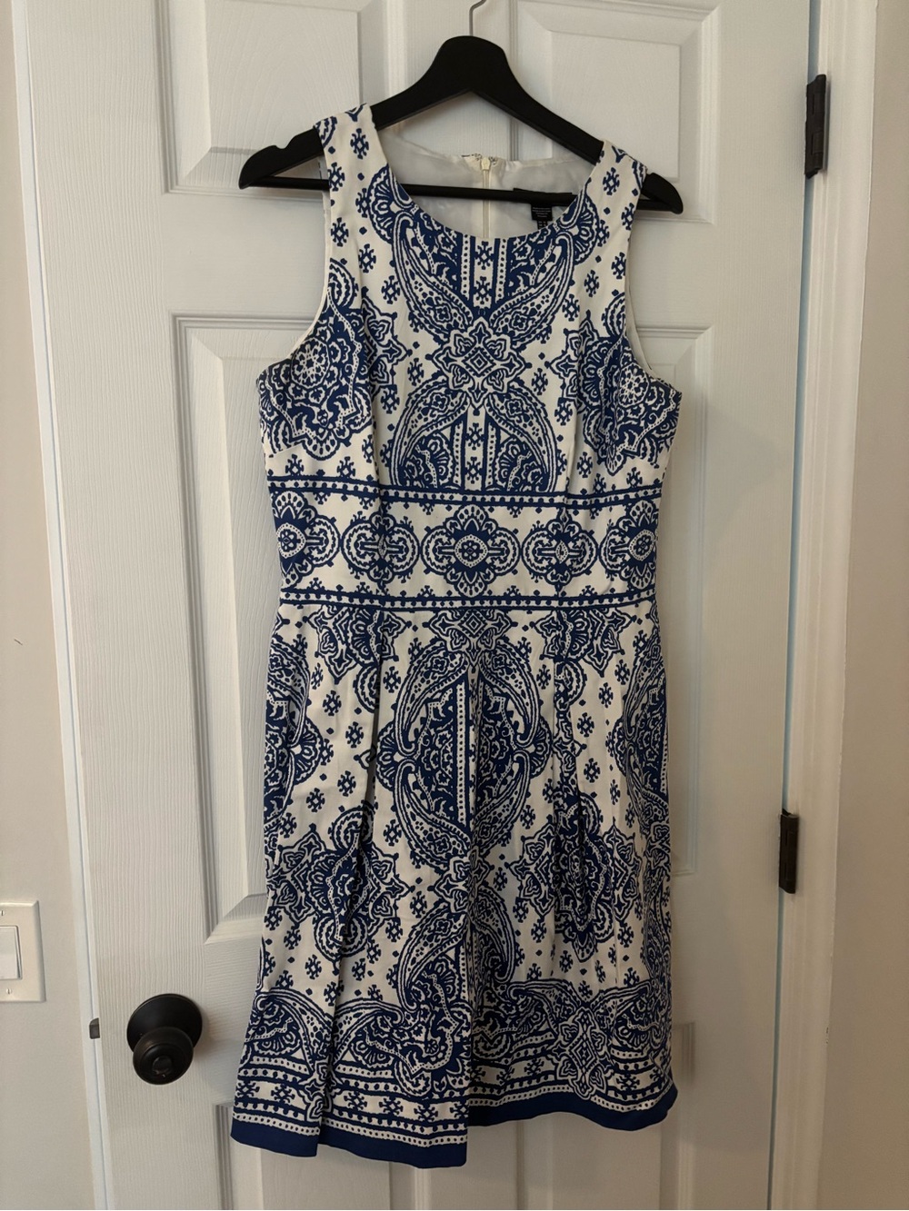 Adore White Dress with Navy Blue Paisley Print
